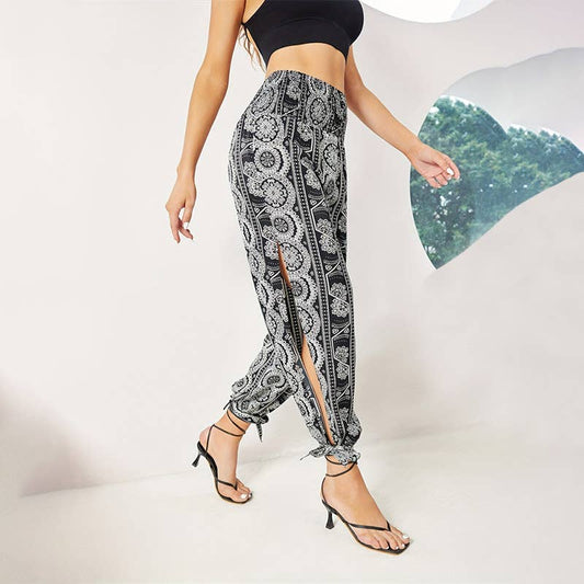 Elegant print thigh-slit wide-leg corset trousers