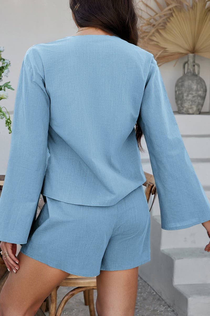 CWSTB1576_SOLID COLOR CARDIGAN LONG-SLEEVED TOP SHORTS SET