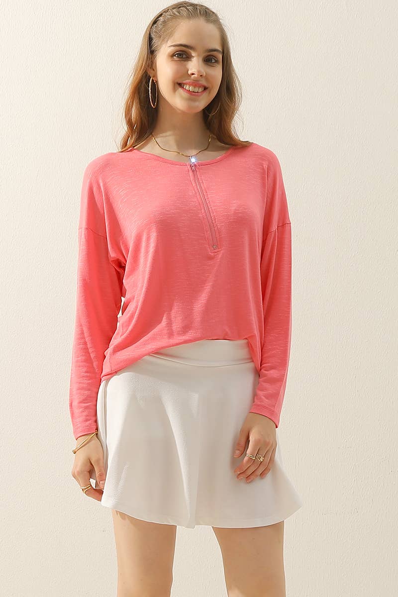 CWTTL1454_Zip Neck Long Sleeve Pullover Top