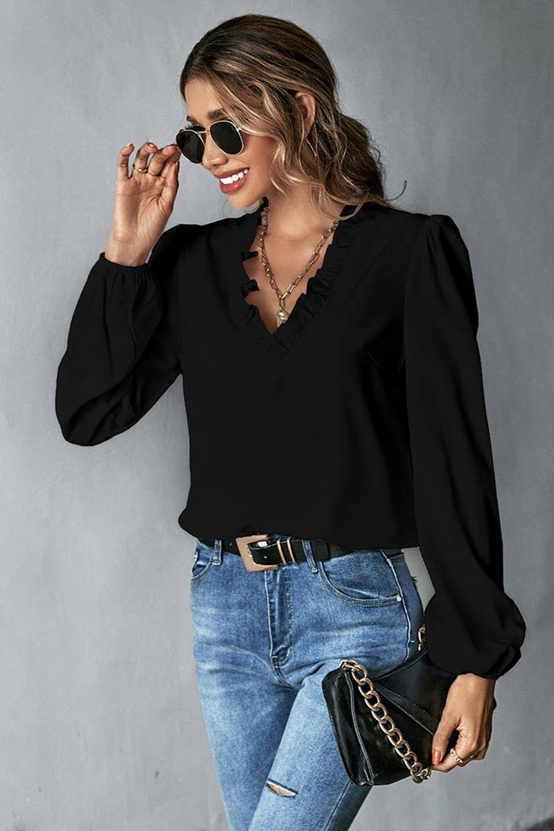 CWTBLL2705_RUFFLED V-NECK LONG-SLEEVED COMMUTER SHIRT TOP