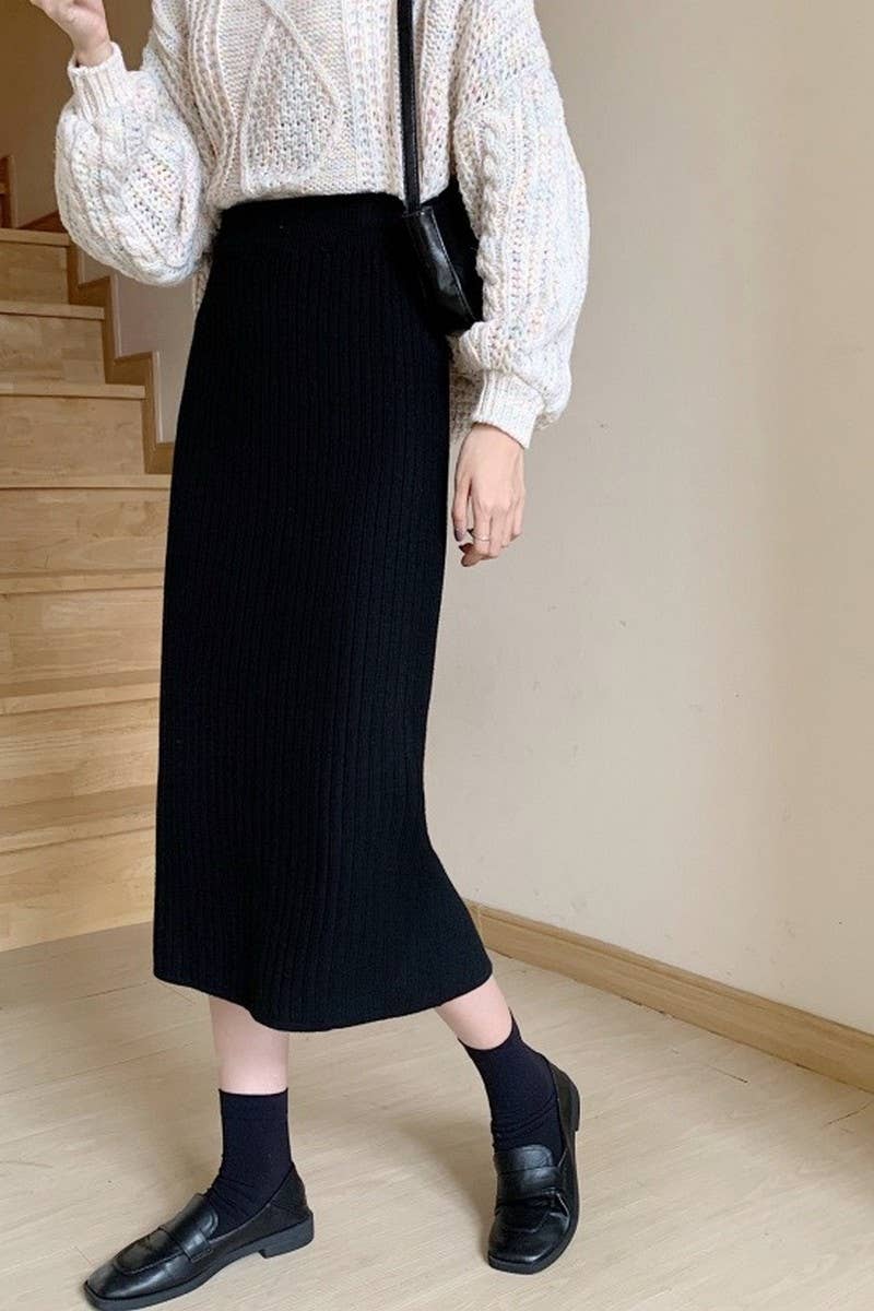 CWBLS0299_SLIT HIP-HUGGING HIGH-WAISTED KNITTED SKIRT
