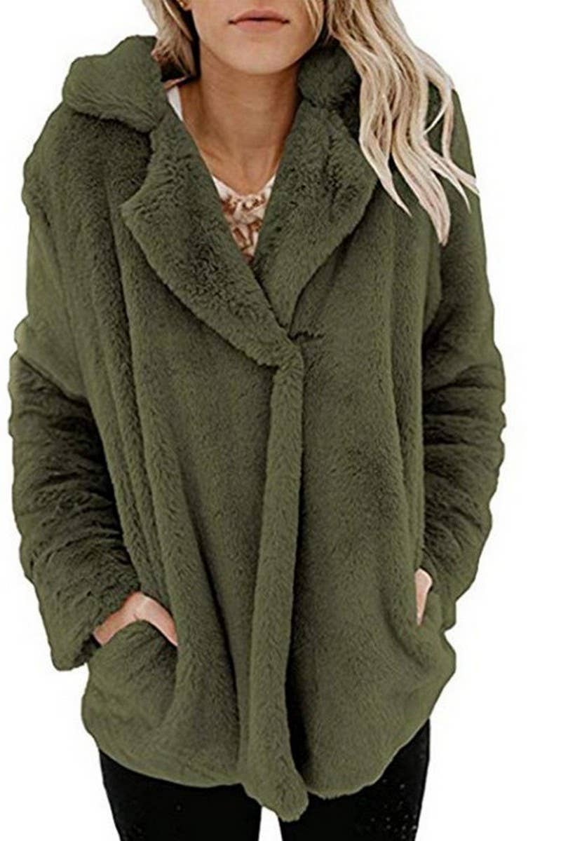 Cardigan suit collar pocket long sleeve plush coat