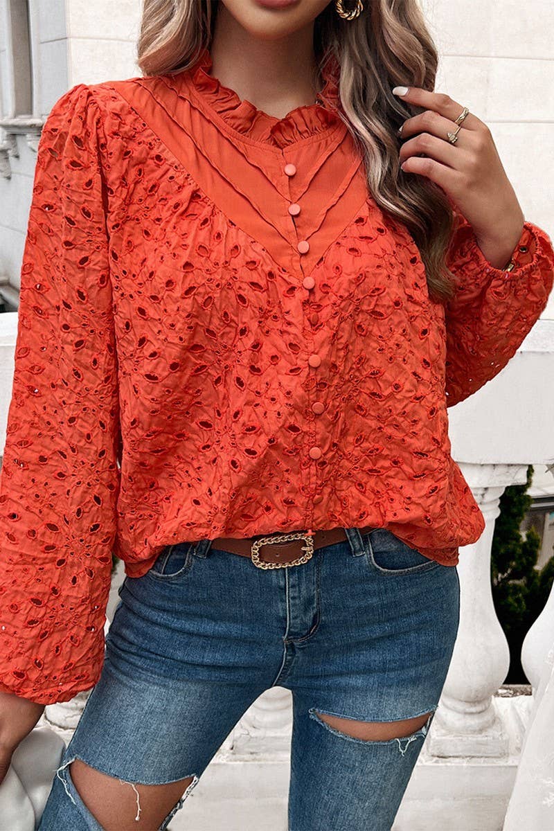 CWTSTL2732_ELEGANT HOLLOW PUFF SLEEVE EMBROIDERED TOP