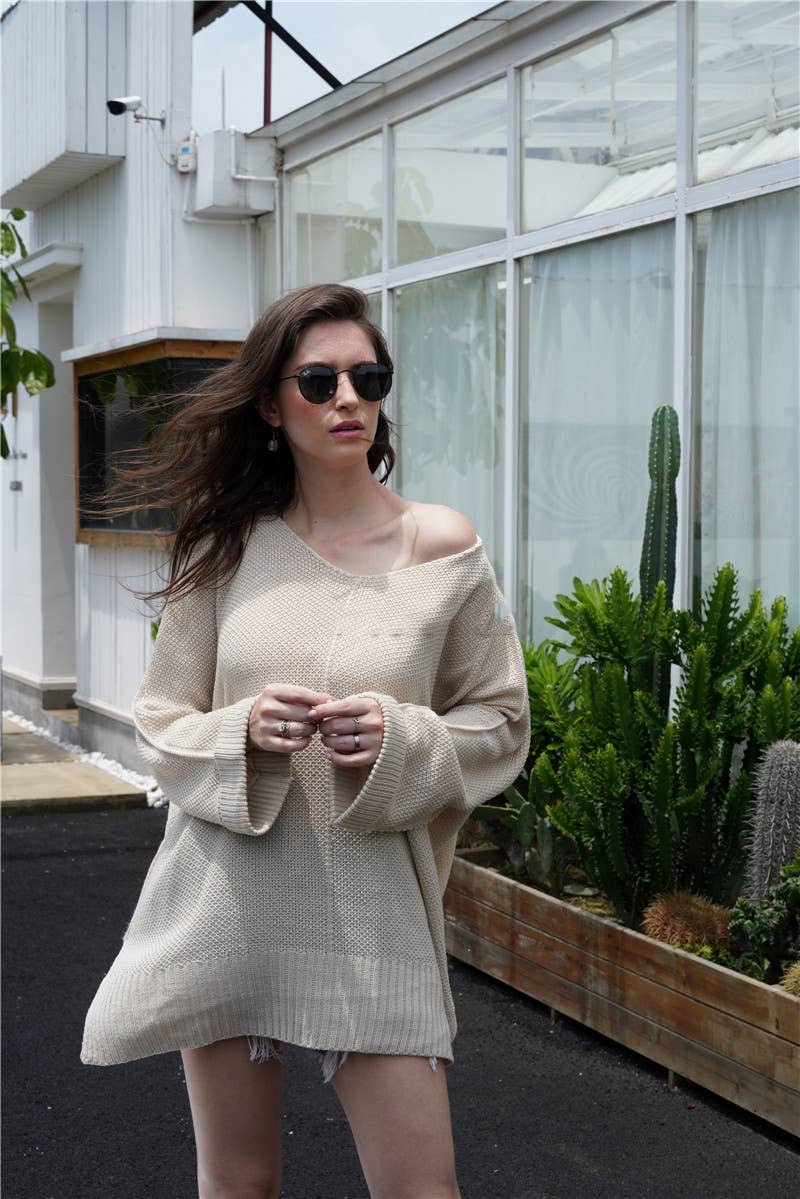 CWOSWL1417_V-Neck Long Sleeve Pullover Sweater