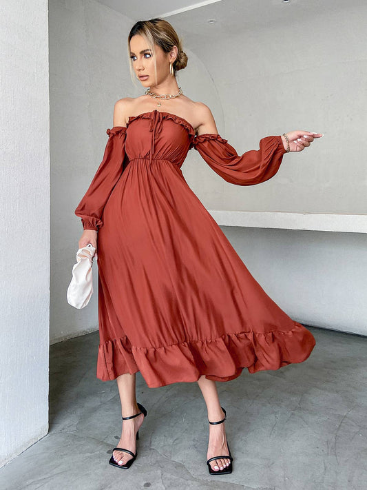 DROP SHOULDER LANTERN SLEEVE WAIST DRESS