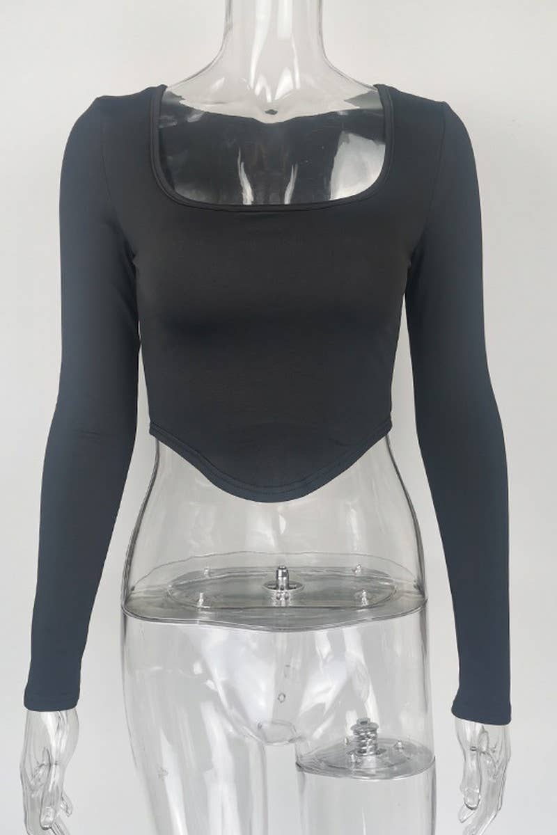 CWTBLL3776_LONG-SLEEVED SQUARE NECK BELLY-BARING TOP
