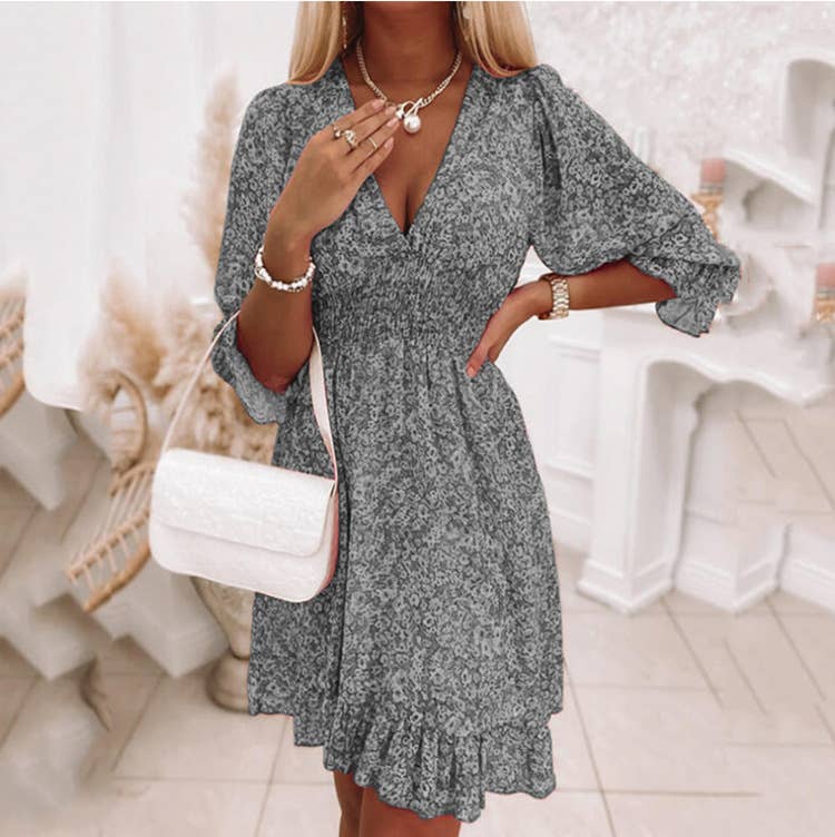 Boho print short sleeve floral mid-length dress