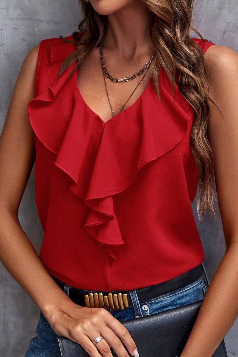 CWTBLSL0238_V-NECK RUFFLED SOLID COLOR SLEEVELESS TOP
