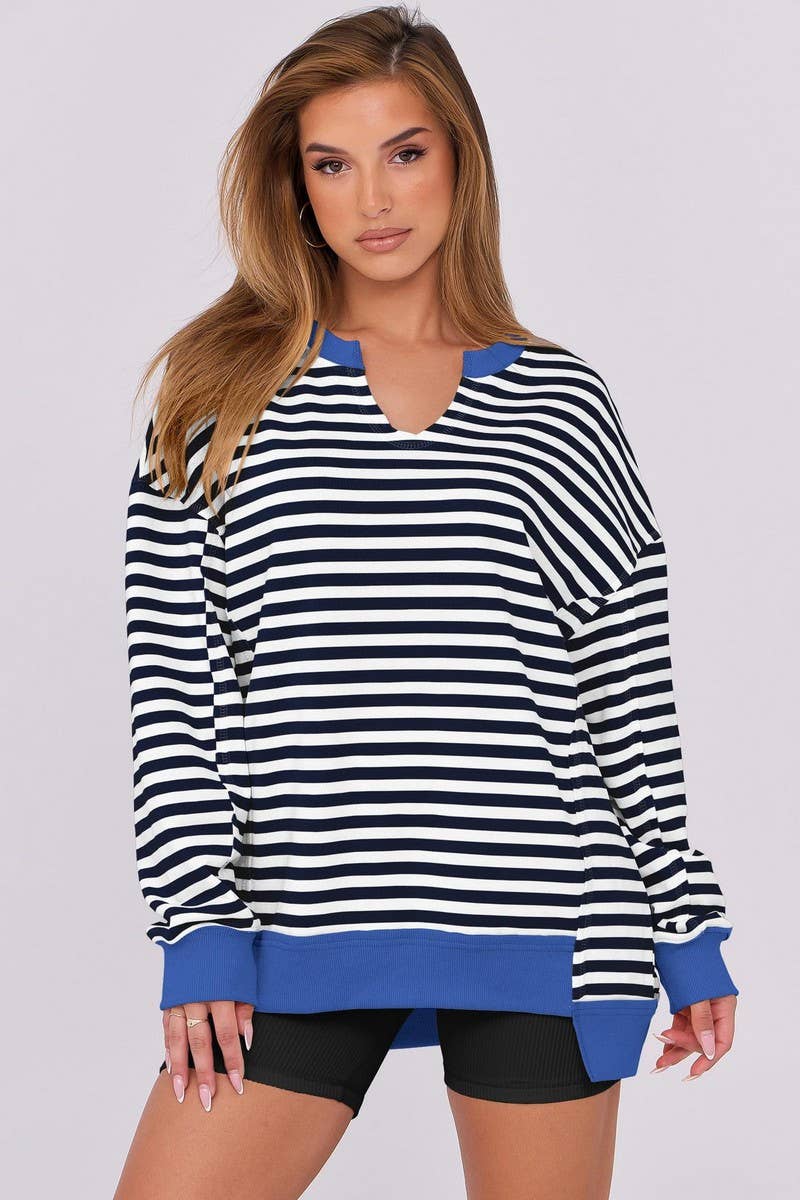 CWTBLL00830_COLORFUL STRIPE V NECK LOOSE SWEATSHIRT