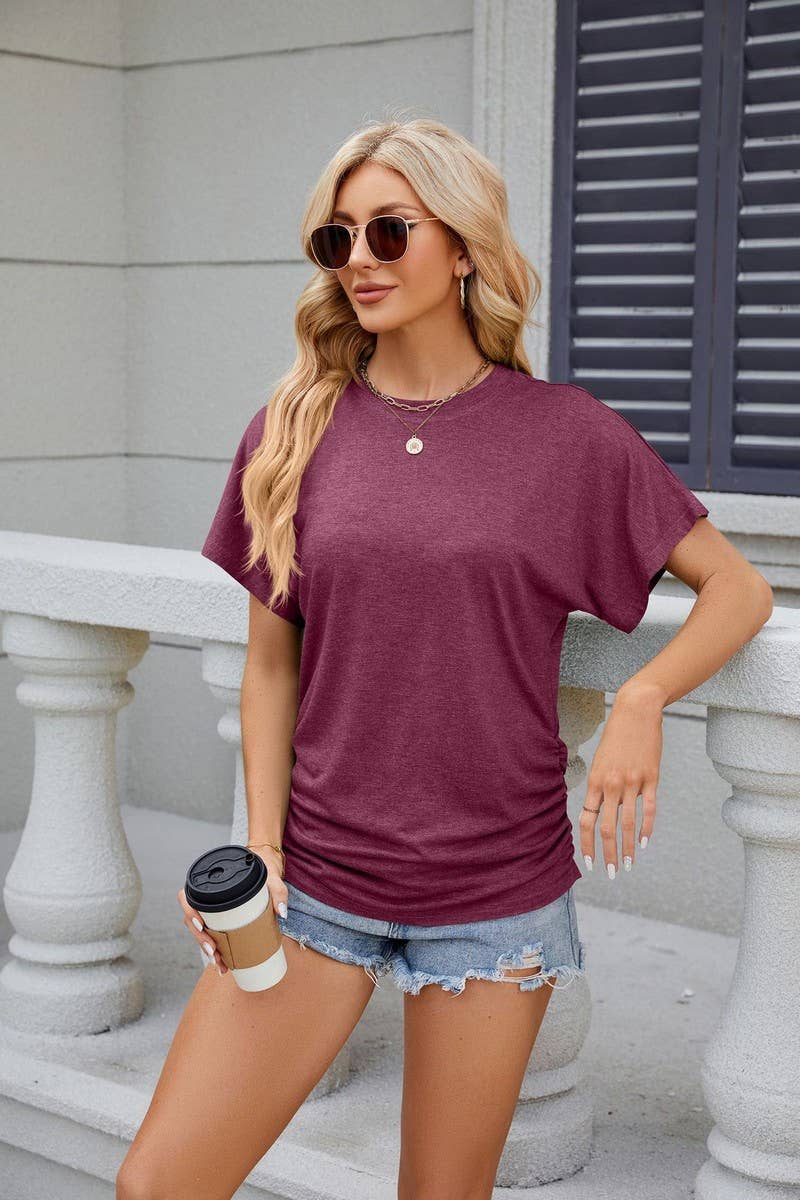 CWTTS1090_SOLID COLOR ROUND NECK SMOCKED LOOSE T-SHIRT