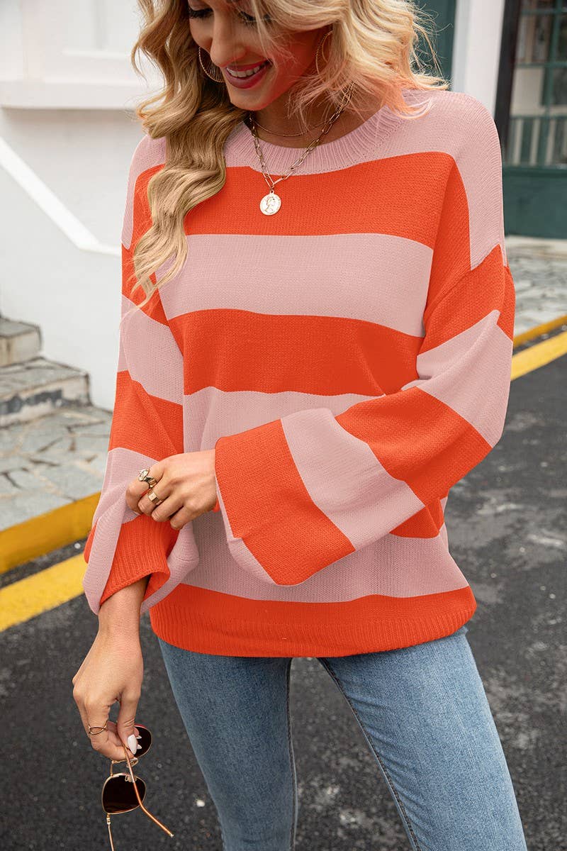 CWOSWL3148_STRIPED CONTRAST CREW NECK KNITTED LOOSE SWEATER