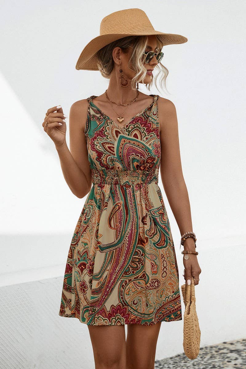 CWDSD7115_SUMMER COMFORTABLE CASUAL V-NECK DRESS