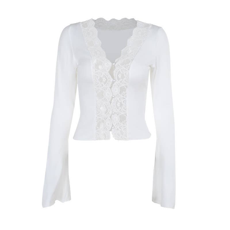 Fashionable Casual V-Neck Lace Trim Button-Up Top