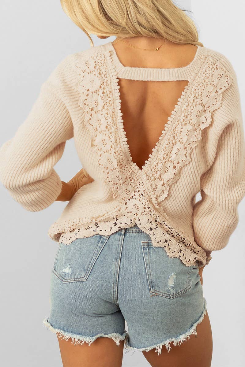 CWOSWL07420_SEXY LACE BACK KNIT LONG SLEEVE SWEATER
