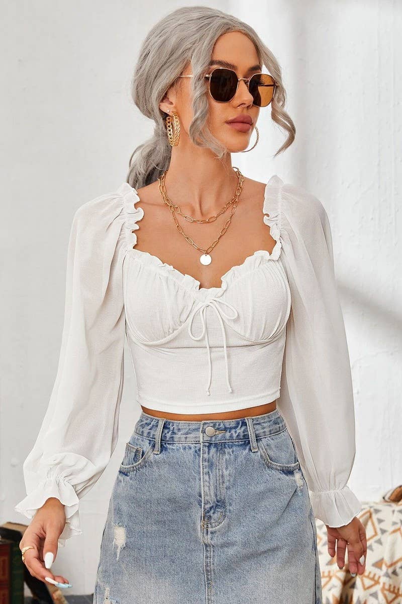 CWTBLL2261_SQUARE COLLAR RUFFLED LONG SLEEVE SHORT TOP