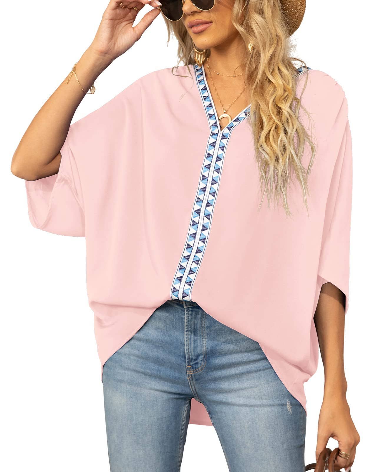 BAT-SLEEVED CHIFFON V-NECK SHORT-SLEEVED SHIRT
