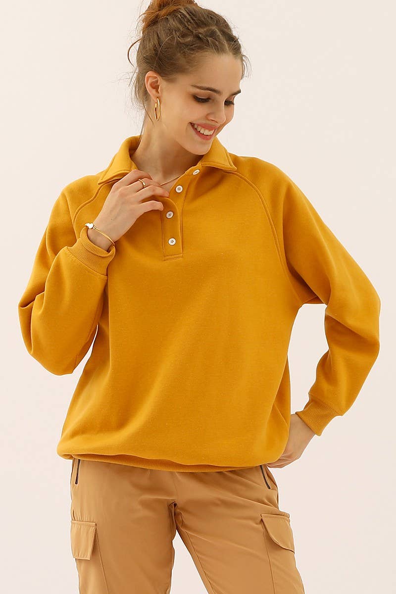CWTTL906_BUTTON COLLAR RAGLAN LONG SLEEVE CASUAL SWEATSHIRT