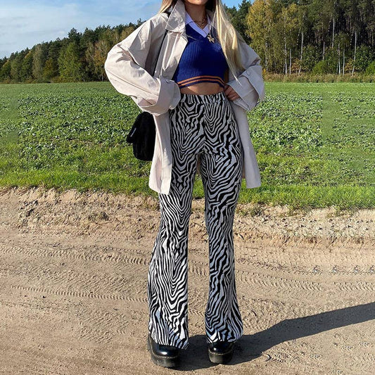 Elastic-waisted zebra-print stretch casual flares