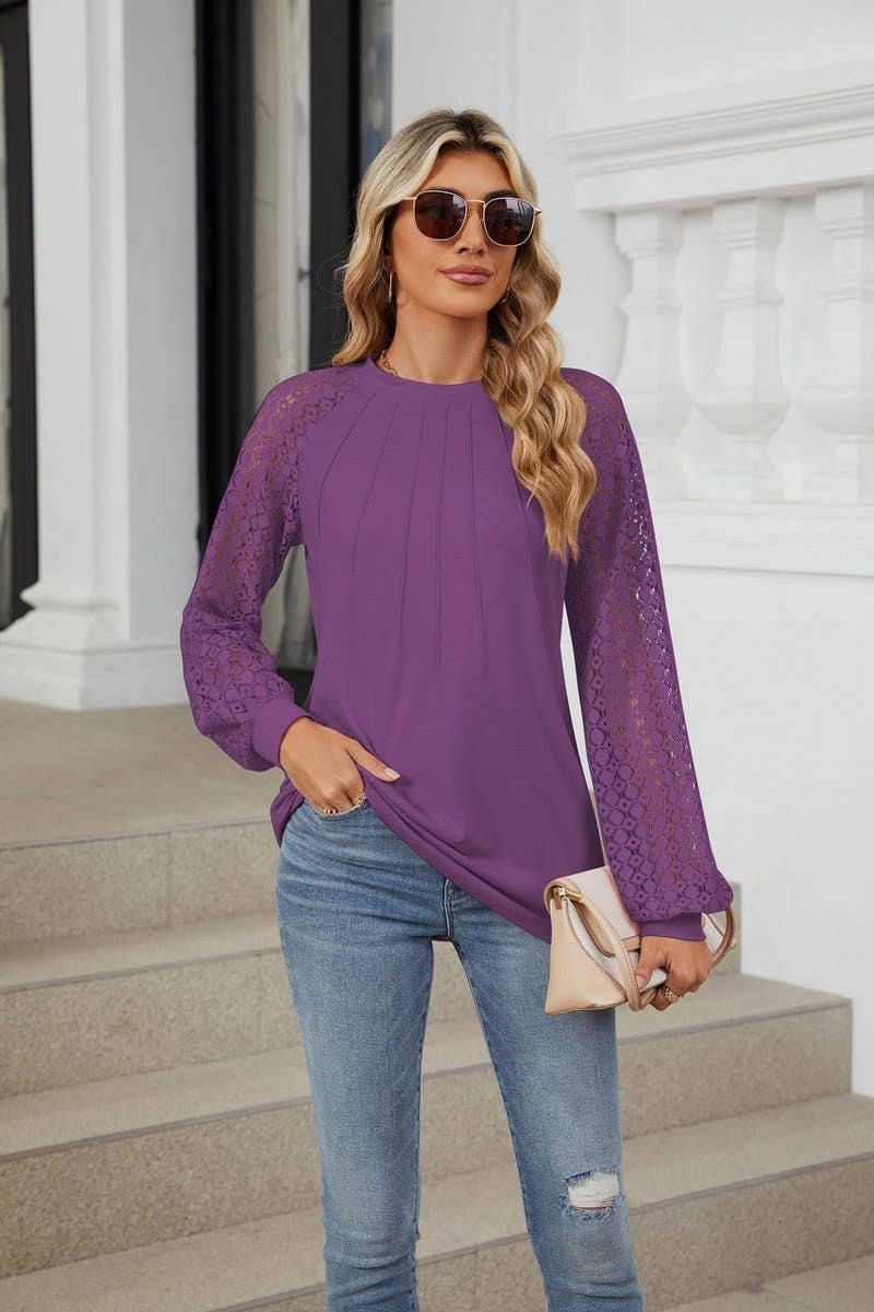 CWTBLL2349_AUTUMN AND WINTER ROUND NECK LACE CASUAL T-SHIRT