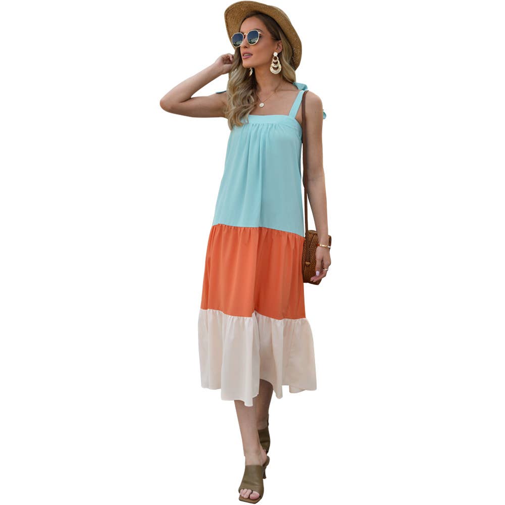 Bohemian contrasting color long halter dress