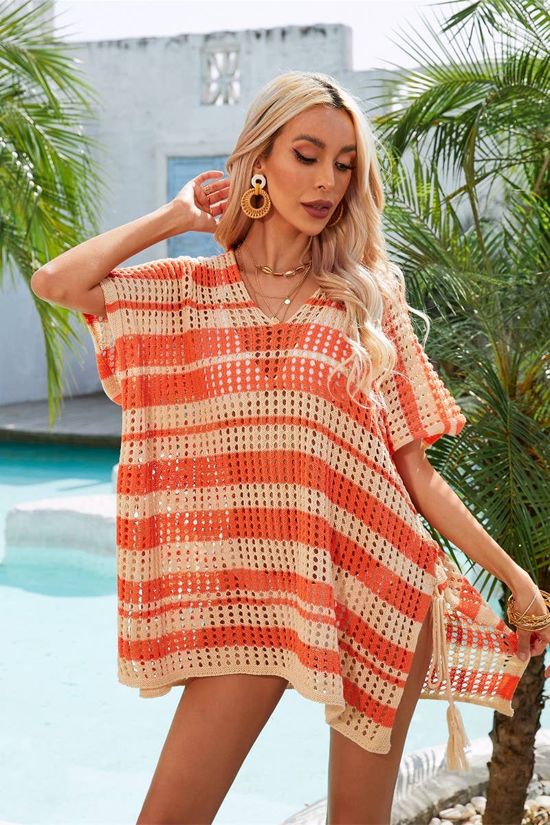 CWOSWS0031_Crochet Bikini Cover V-Neck Beach Top Sweater