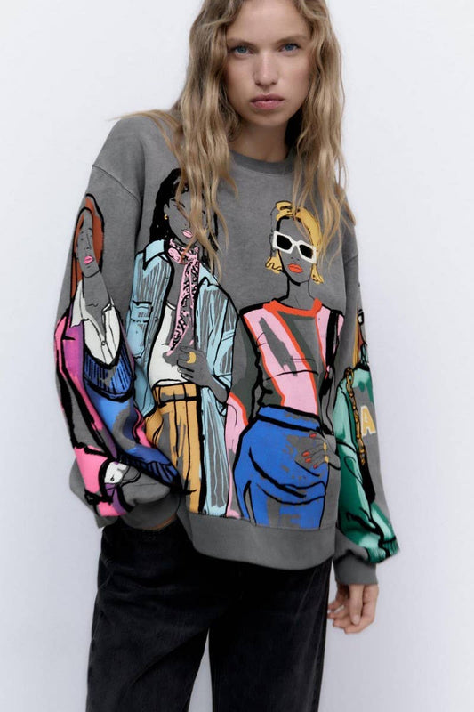 CWTBLL1575_ROUND NECK LOOSE PRINT SWEATSHIRT WITHOUT HOOD