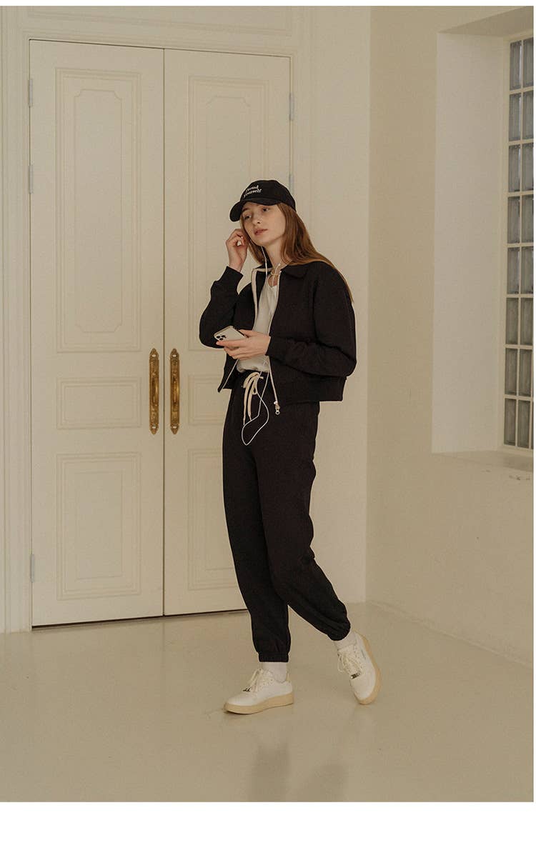 Casual lapel top sweatpants and sportswear set