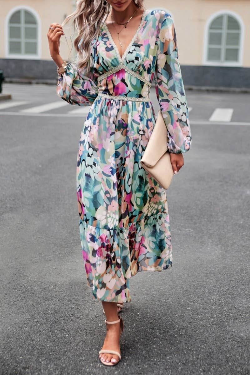 CWDMD3622_AUTUMN CASUAL PRINT V-NECK LONG-SLEEVED DRESS