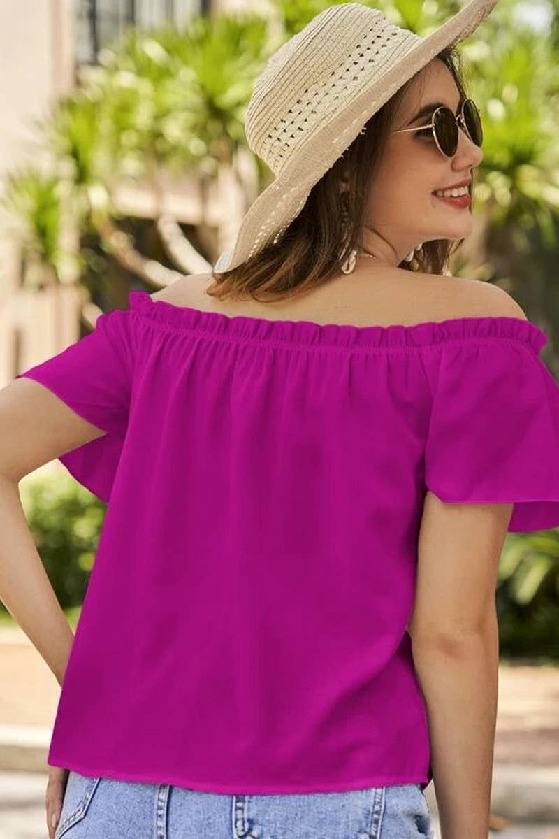 CWTBLS1493_SOLID COLOR OFF-SHOULDER RUFFLE SHIRT TOP