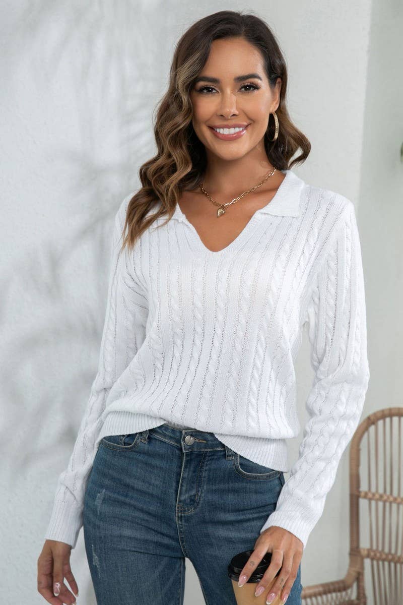 CWOSWL3873_SOLID COLOR LAPEL CABLE KNIT PULLOVER SWEATER