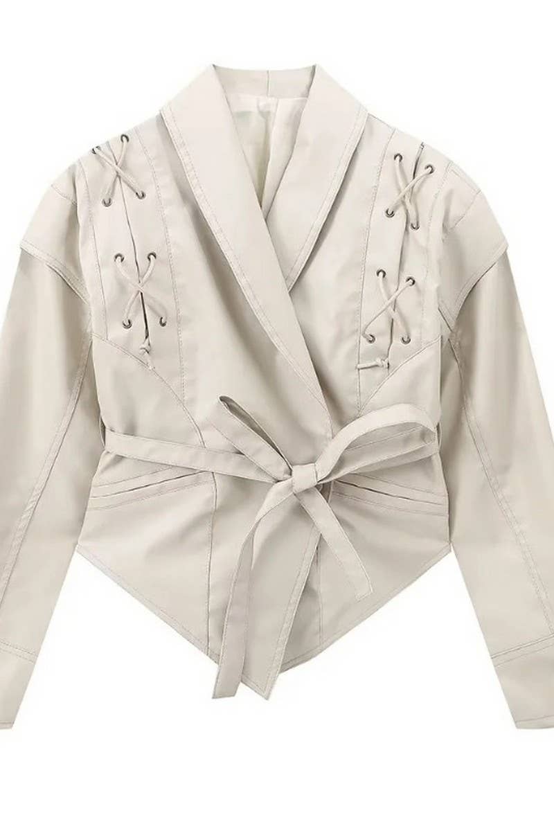 CWOCO1063_VINTAGE CASUAL LACE-UP FAUX LEATHER JACKET