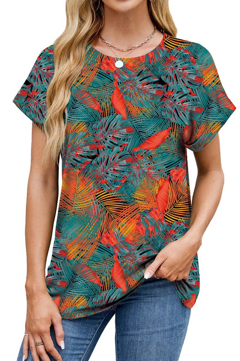 CWTBLS1742_PRINTED CREW NECK LOOSE SHORT SLEEVE T-SHIRT TOP