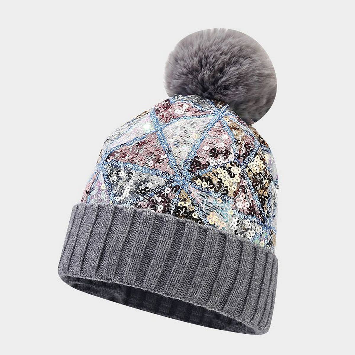 COLORFUL SEQUINED POM-POM KNITTED HAT_CWAH1613