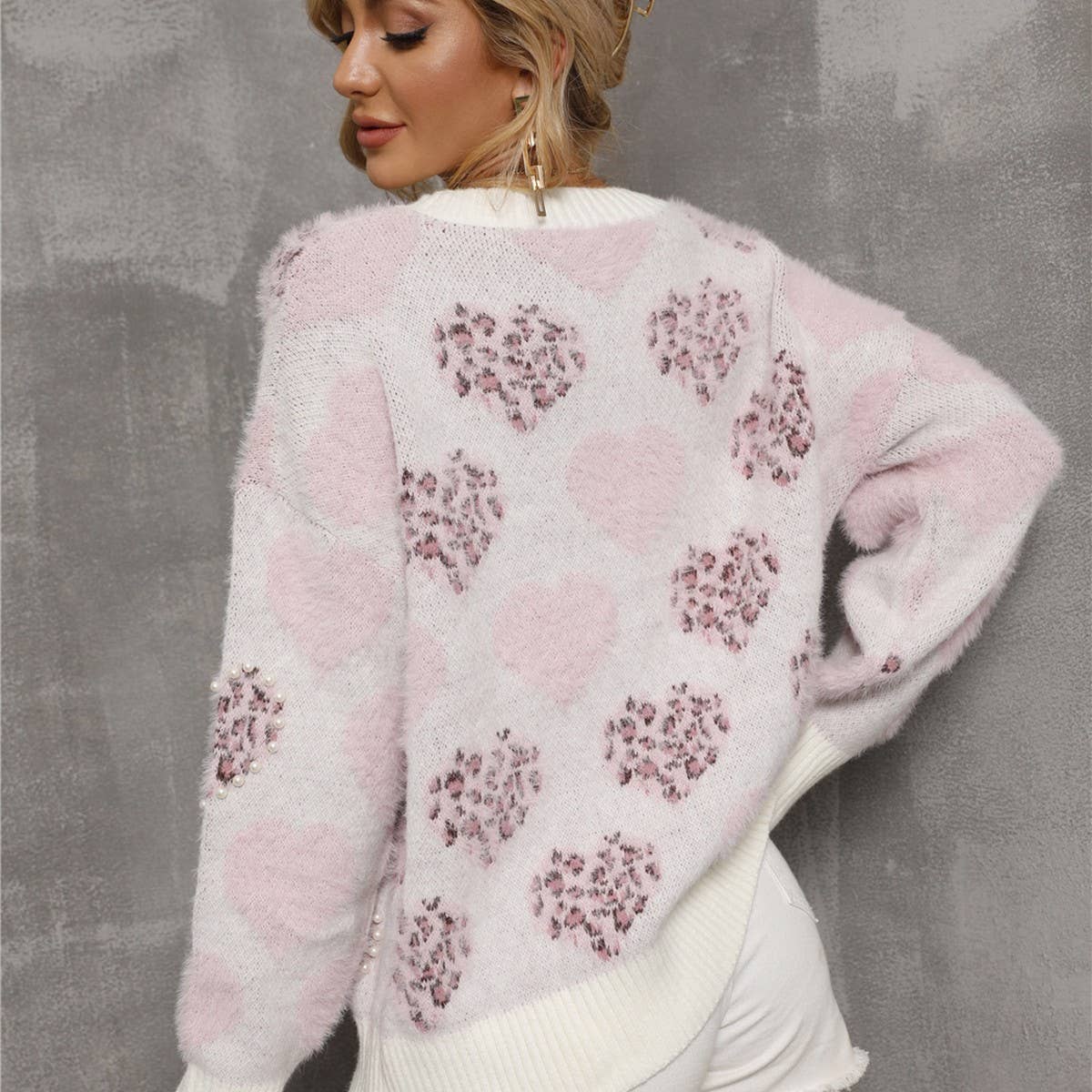 Beaded love pullover crew-neck sweater