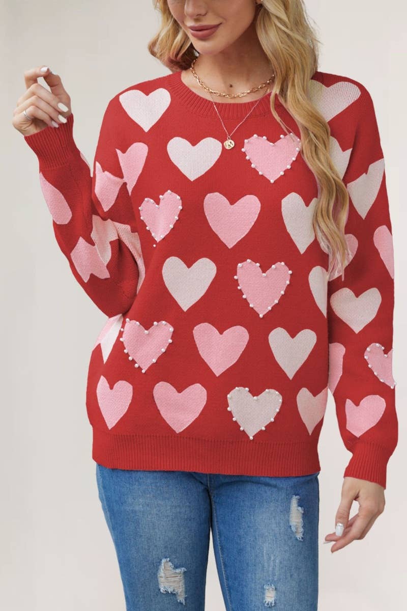 CWOSWL5885_LOVE BEADED CREW-NECK LONG-SLEEVED SWEATER