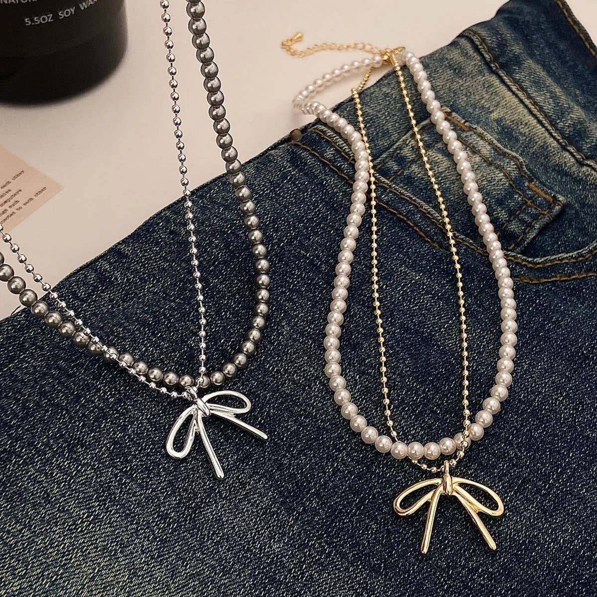 FASHIONABLE TASSEL BOW PEARL DOUBLE LAYER NECKLACE