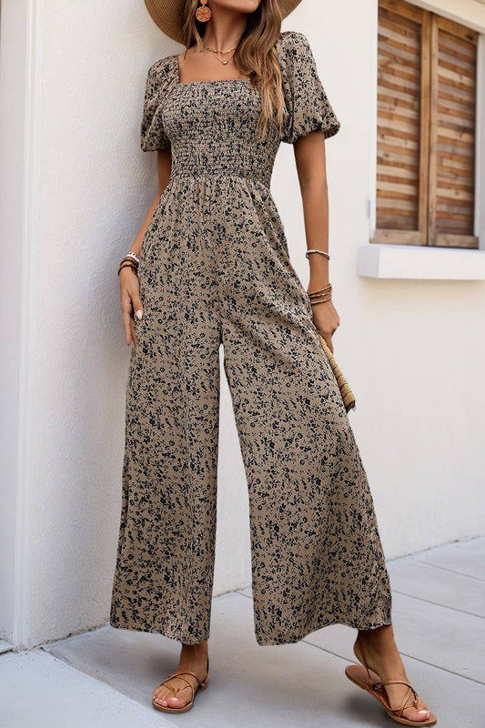 CWSJS1277_SQUARE NECK PUFF SLEEVE WIDE LEG PRINT JUMPSUIT