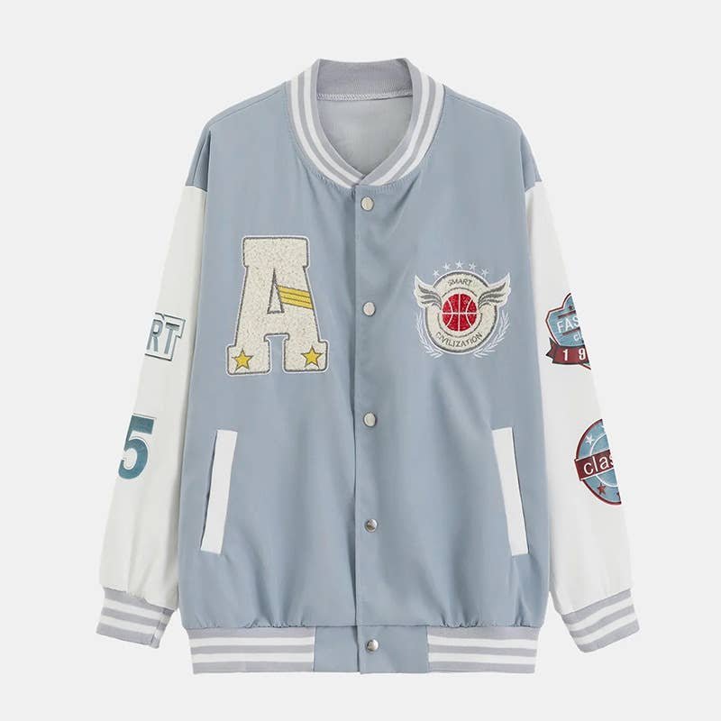 COLOR CONTRAST LETTER PRINT BASEBALL JACKET