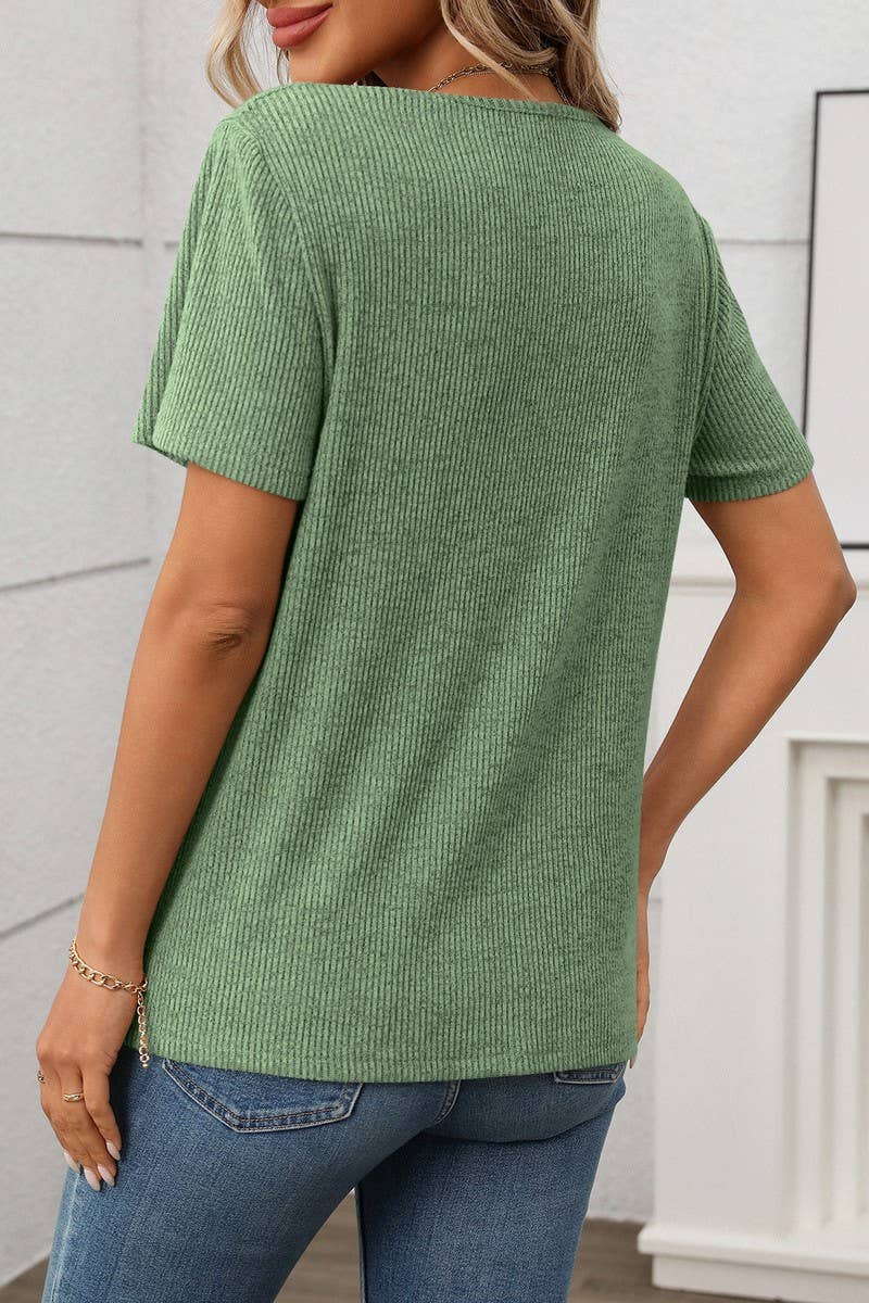 CWTTS1366_SUMMER V-NECK KNITTED STRIPED SHORT-SLEEVED TOP