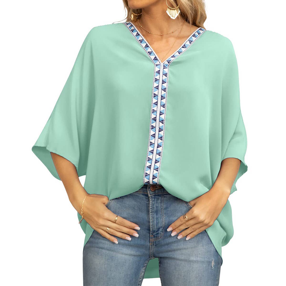 BAT-SLEEVED CHIFFON V-NECK SHORT-SLEEVED SHIRT