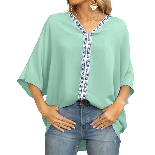 BAT-SLEEVED CHIFFON V-NECK SHORT-SLEEVED SHIRT