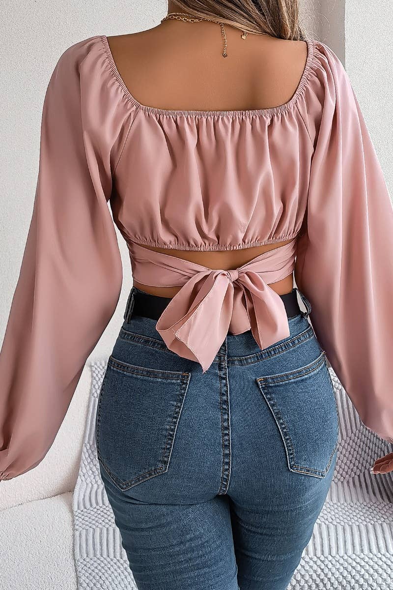 CWTBLL0940_SUMMER LANTERN SLEEVE CHIFFON WAIST CROP TOP