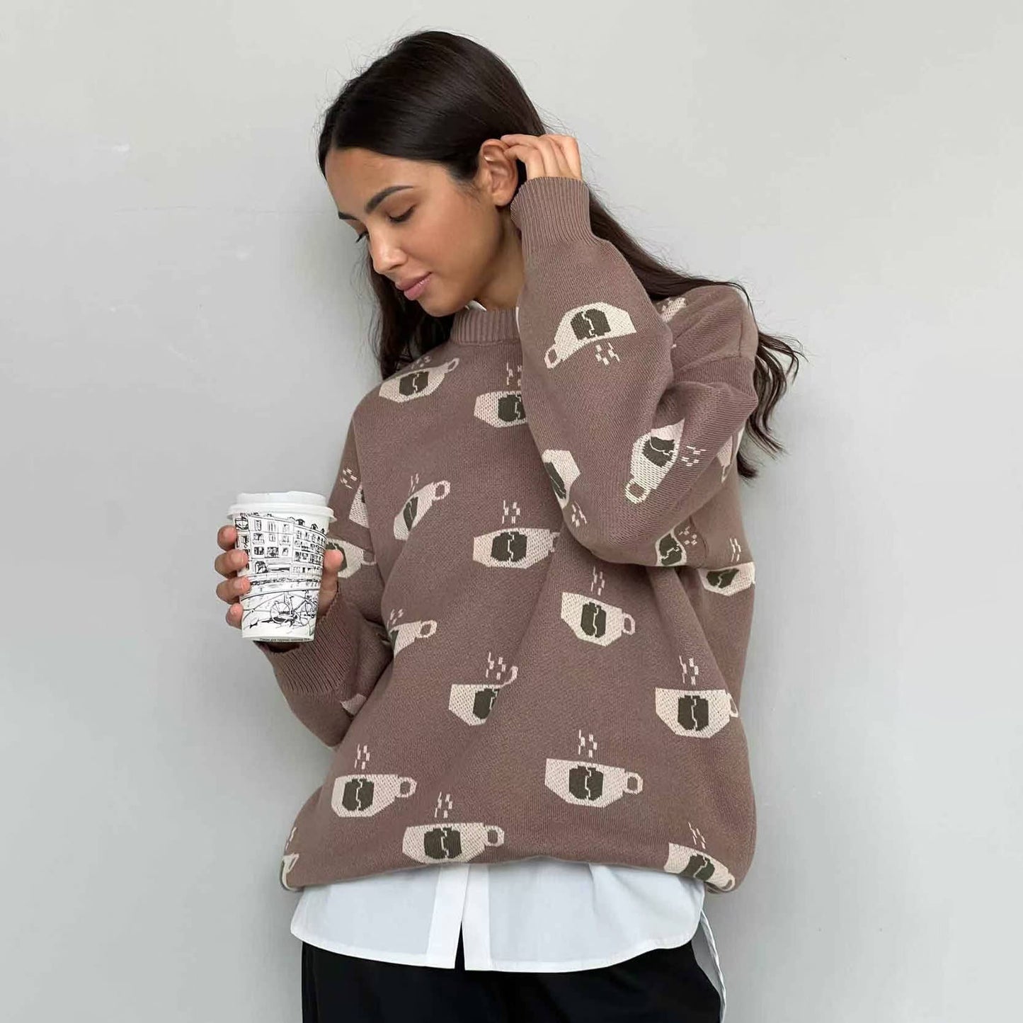 Coffee jacquard semi-turtleneck sweater