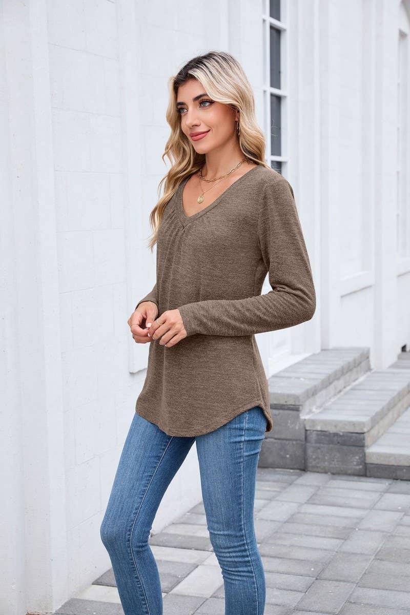 CWTBLL01303_V NECK RUCHED LONG SLEEVE CASUAL LOOSE TEE