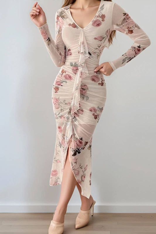 CWDMD01225_MESH V NECK RUCHED SPLIT PENCIL DRESS