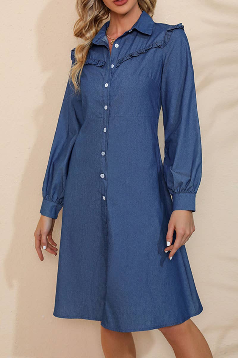 Denim long-sleeved dress with lapel wooden ears