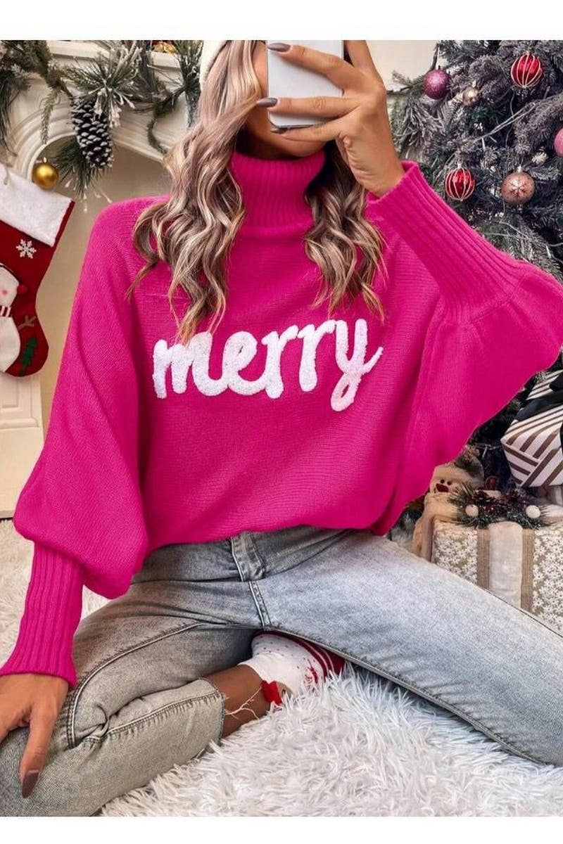 CWOSWL6261_EMBROIDERED BAT SLEEVE CHRISTMAS SWEATER