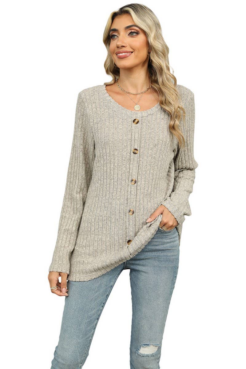 CWOSWL6831_SINGLE-BREASTED ROUND NECK LONG-SLEEVED LOOSE TOP