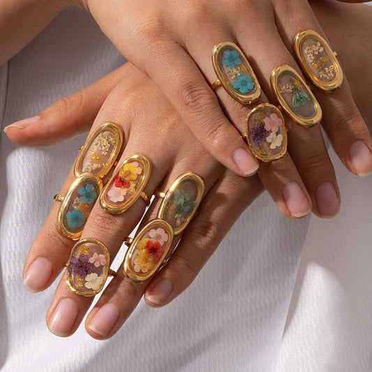 Adjustable Open Ring with Dried Flowers,Multi Color_CWMM8929