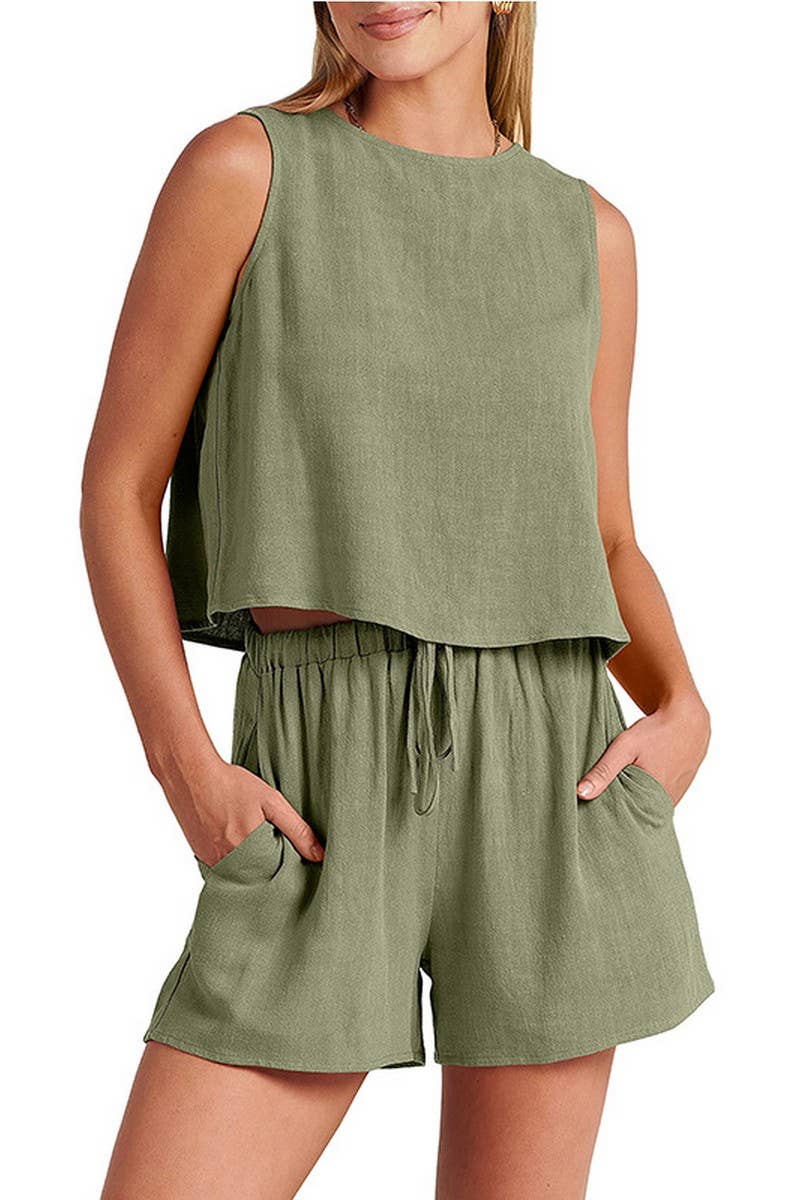CWSTB1594_SOLID COLOR SLEEVELESS TOP SHORTS TWO PIECE SET